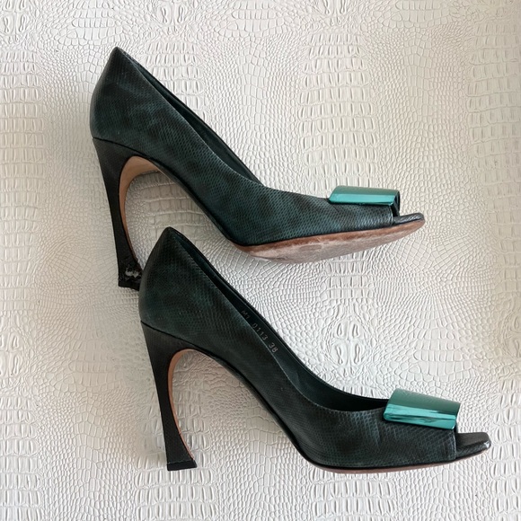 Christian DIOR Green Lizard Peep Toe Platform Heels Pumps - Picture 5 of 11